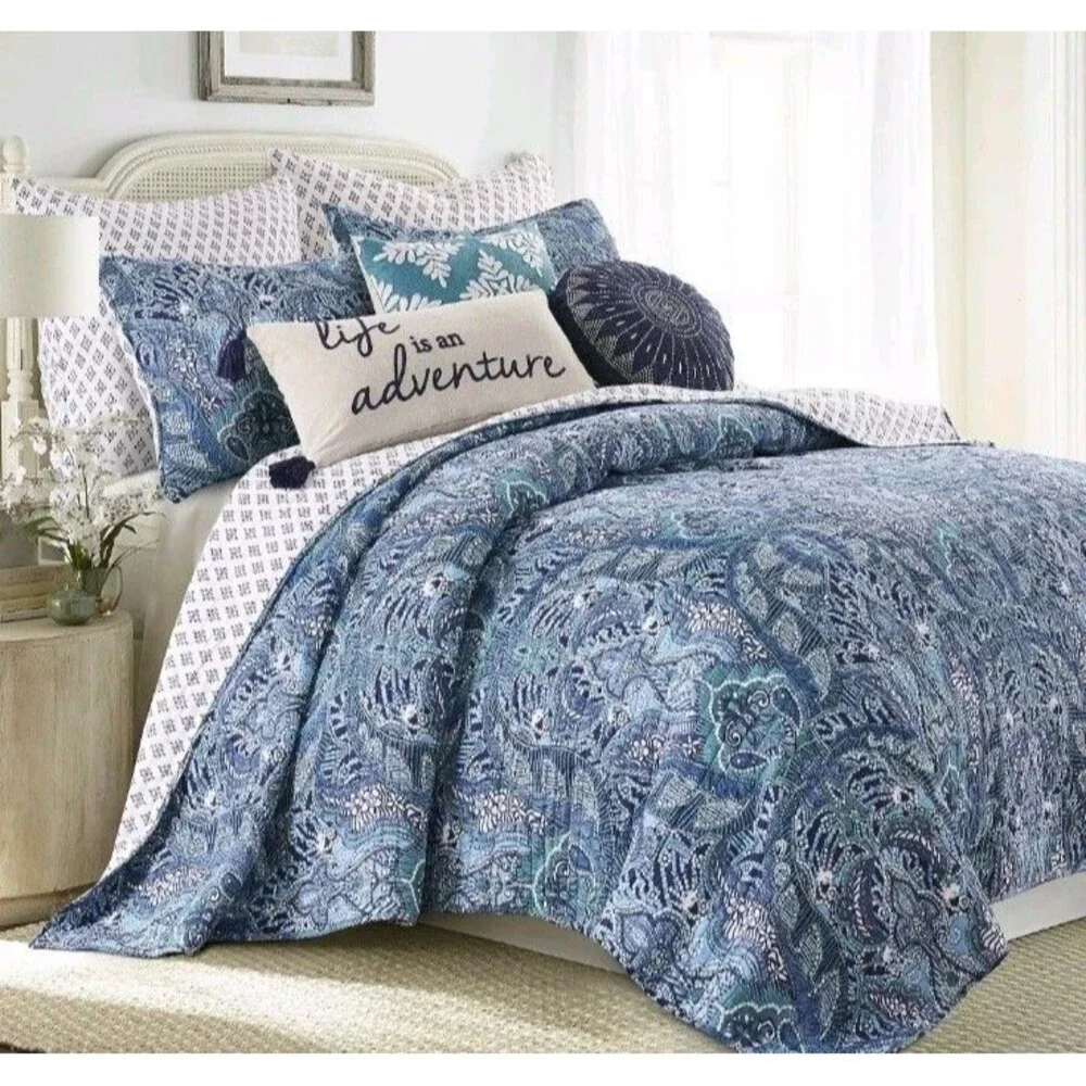 Levtex Twin 2 Peice Bellamy Teal Quilt Set Reversible Blue/Teal/White Print NEW
